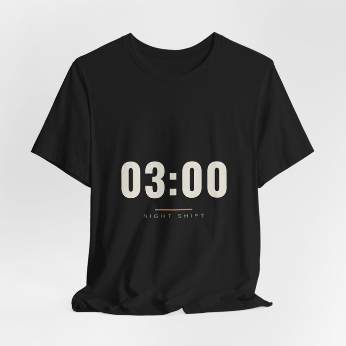 Black 03:00 t-shirt shown draped, front print visible.