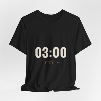 Black 03:00 t-shirt shown draped, front print visible.