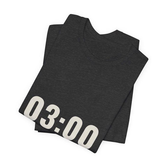 Dark grey heather 03:00 t-shirt folded to show the front print at an angle.