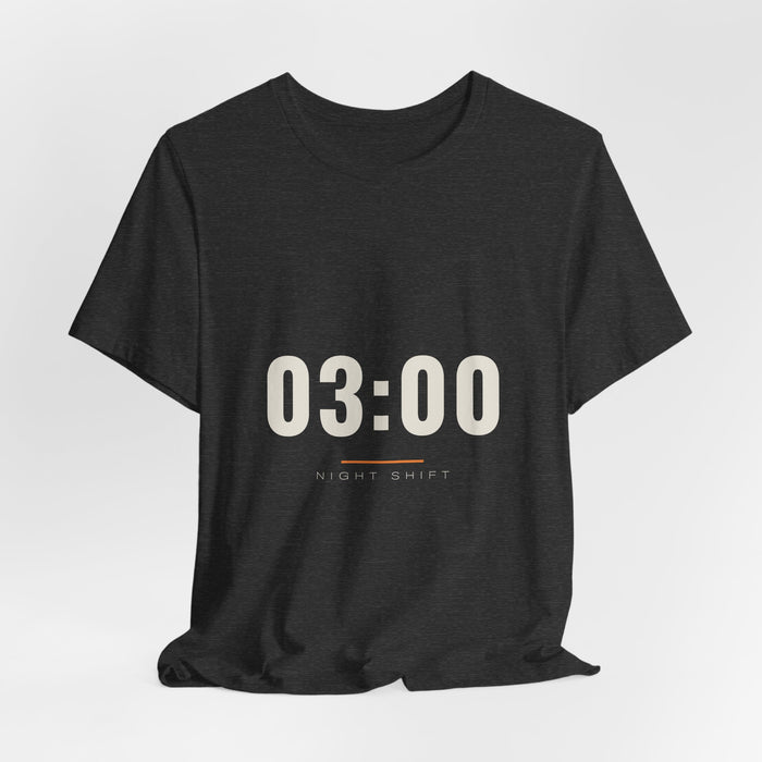 Dark grey heather 03:00 t-shirt shown draped, front print visible.
