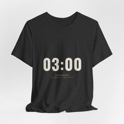 Dark grey heather 03:00 t-shirt shown draped, front print visible.