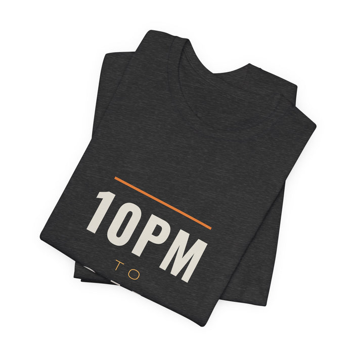 Dark grey heather 10PM to 6AM t-shirt folded to show the front print at an angle.