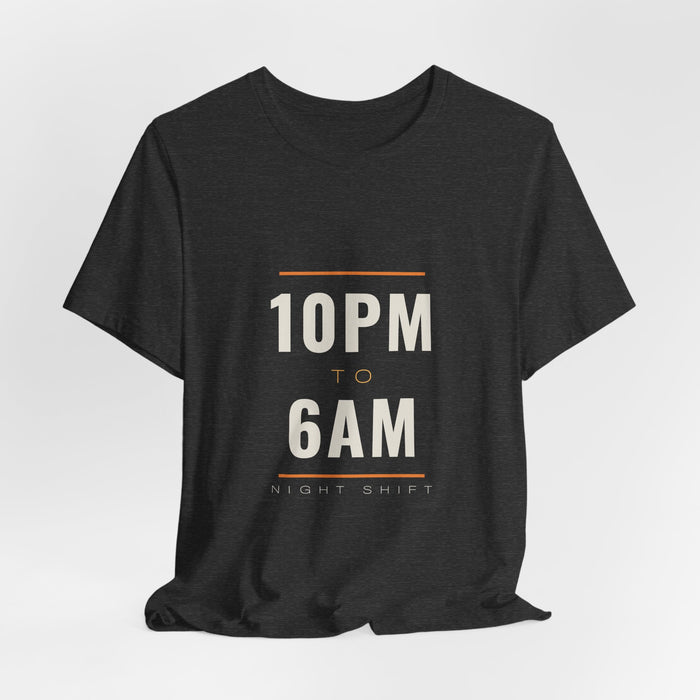 Dark grey heather 10PM to 6AM t-shirt shown draped, front print visible.