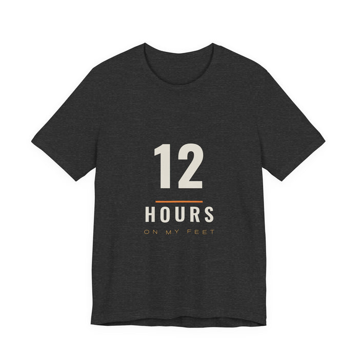 The 12 Hours design printed on a dark grey heather unisex t-shirt.