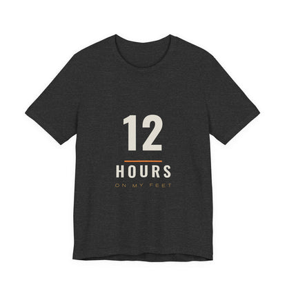 The 12 Hours design printed on a dark grey heather unisex t-shirt.