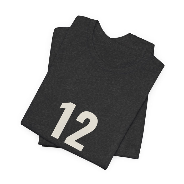 Dark grey heather 12 Hours t-shirt folded to show the front print at an angle.