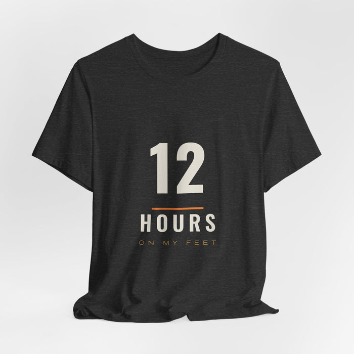 Dark grey heather 12 Hours t-shirt shown draped, front print visible.