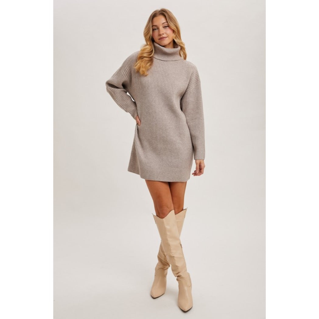 BLUIVY - TURTLENECK KNIT SWEATER DRESS | MUSHROOM