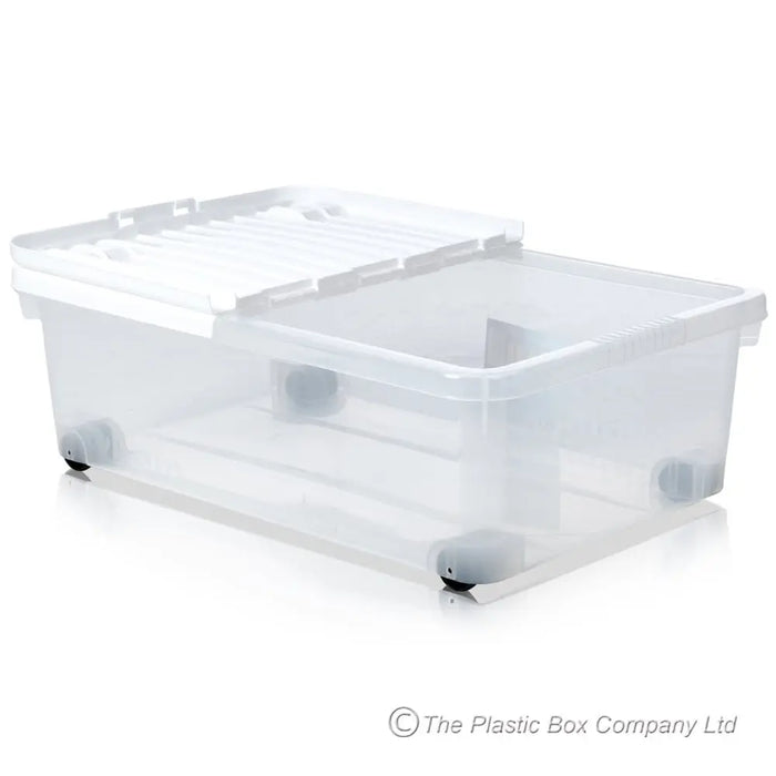 32 Litre Plastic Under Bed Storage Box With Wheels and Folding Lid Wham Storage