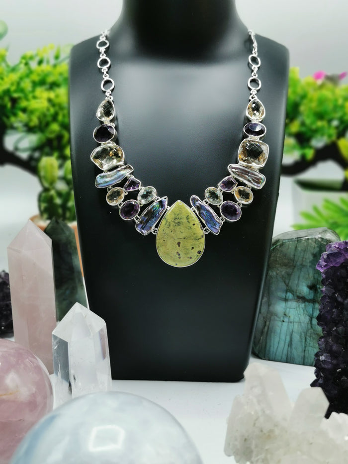 925 Silver Necklace with Termamian, Freshwater Pearl, Green Amethyst, Amethyst & Citrine stone | gemstone jewelry | crystal jewelry | quartz - Shwasam