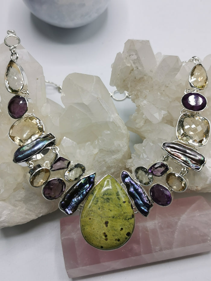 925 Silver Necklace with Termamian, Freshwater Pearl, Green Amethyst, Amethyst & Citrine stone | gemstone jewelry | crystal jewelry | quartz - Shwasam