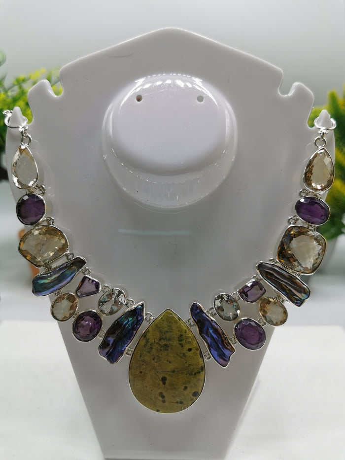925 Silver Necklace with Termamian, Freshwater Pearl, Green Amethyst, Amethyst & Citrine stone | gemstone jewelry | crystal jewelry | quartz - Shwasam