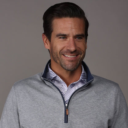 Heather Cloud Cotton Quarter Zip Light Grey with Navy Trim