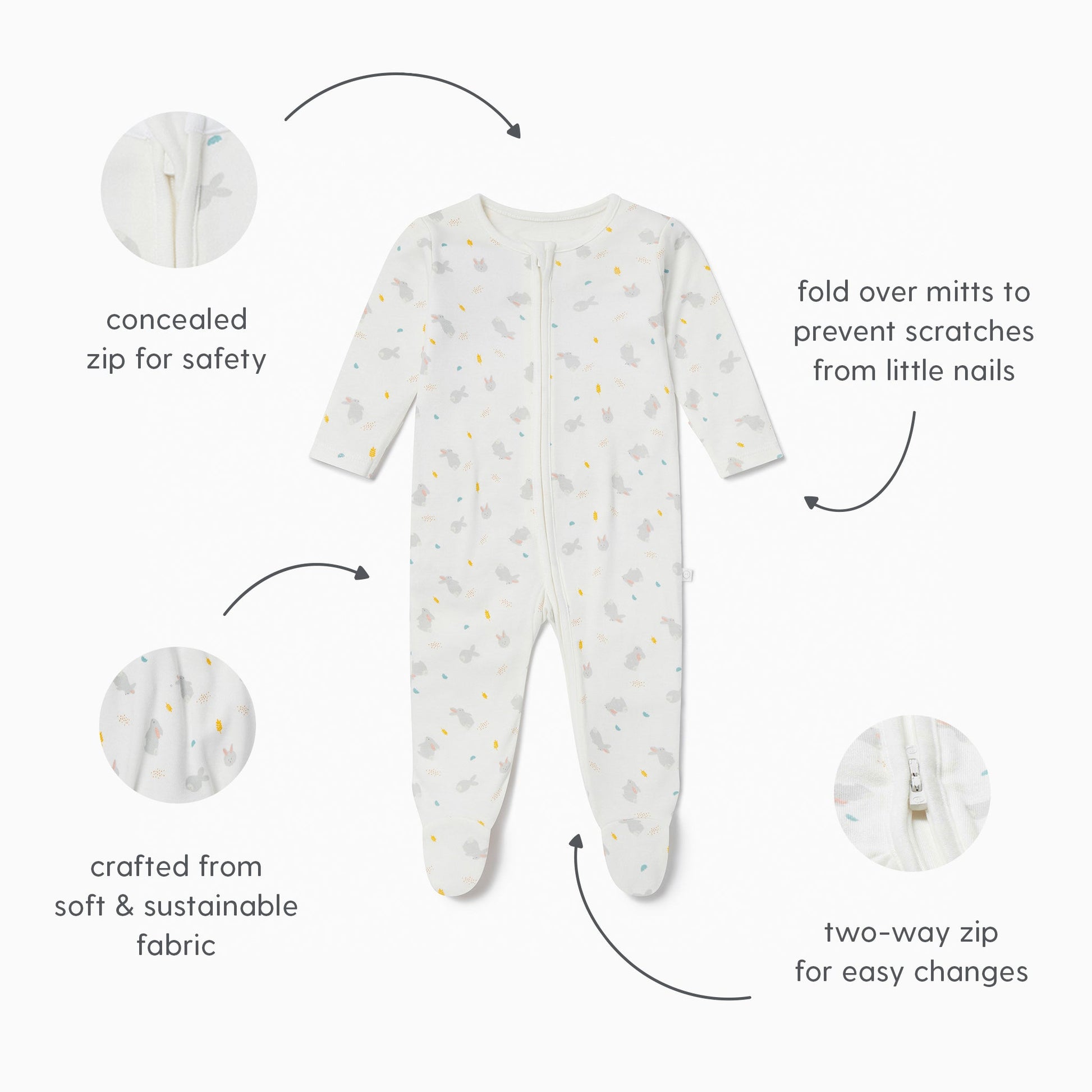 Bunny Printed Clever Zip Sleepsuit