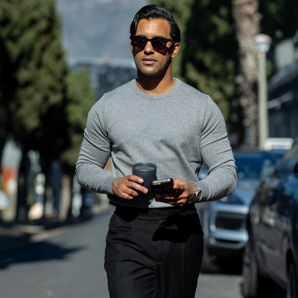 Grey Luxury Touch Cotton and Cashmere Crew Neck Sweater