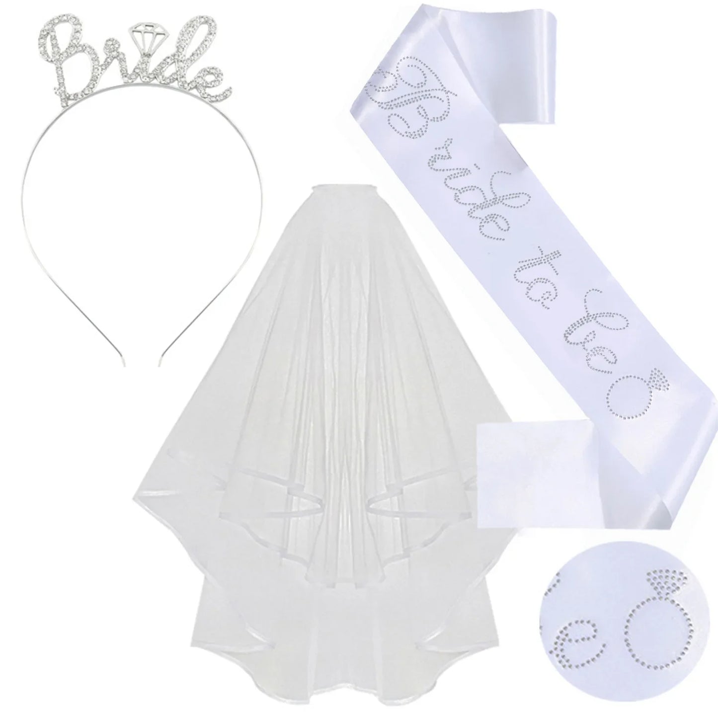 3-piece Set Bride to Be Crown Headband Shoulder Strap Wedding Veil Set for Bridal Shower WB007