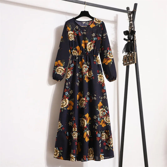 Dropshipping Trending Chiffon Dress Women's Summer Beach Travel Long Sleeve Flower Elegant Floral Girl Casual Dress