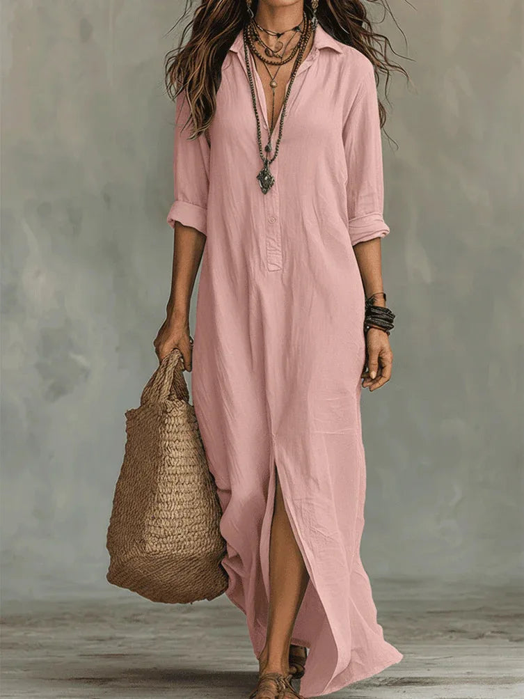 2026 European American Spring/Summer Women's Halter Neck Maxi Solid Color Collar Front Split Casual Breathable Eco-Friendly