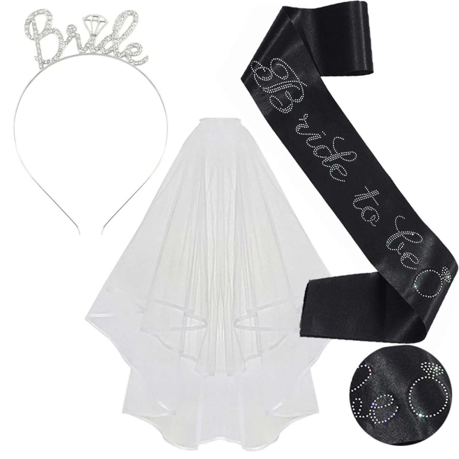 3-piece Set Bride to Be Crown Headband Shoulder Strap Wedding Veil Set for Bridal Shower WB007