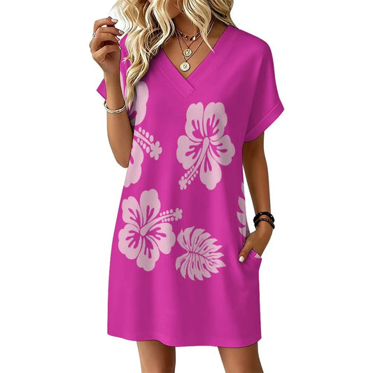 Custom-printed Hawaiian Tropical Floral Chiffon Dress Dropped Waist Relaxed Fit Flared Sleeves Sexy Sweet Lightweight for All