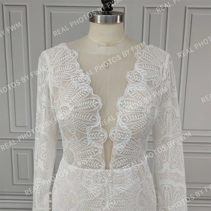 12476# Real Photo Front Slit V-neck Lace Wedding Dress Sweep Train Backless Mermaid Bride Gown for Women Bohemia