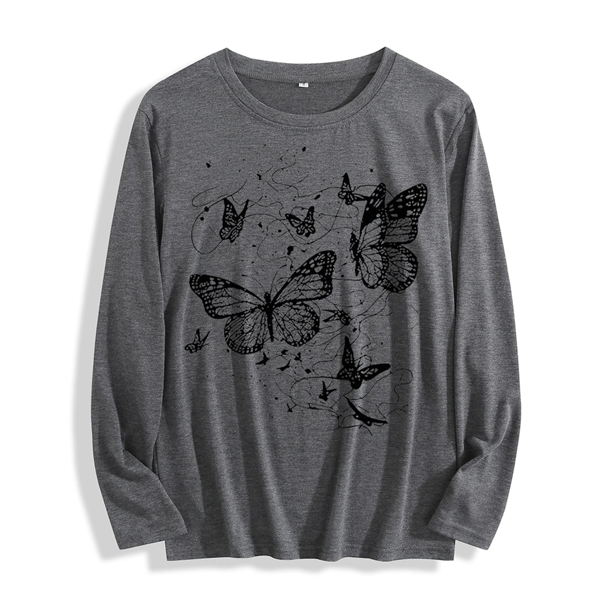 100% Cotton "Black Butterfly Graphic" Long - Sleeve T - Shirt, Multi - Colors