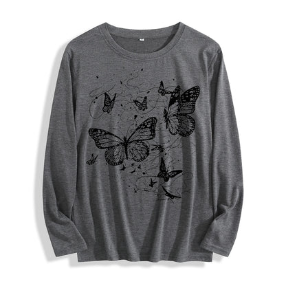 100% Cotton "Black Butterfly Graphic" Long - Sleeve T - Shirt, Multi - Colors
