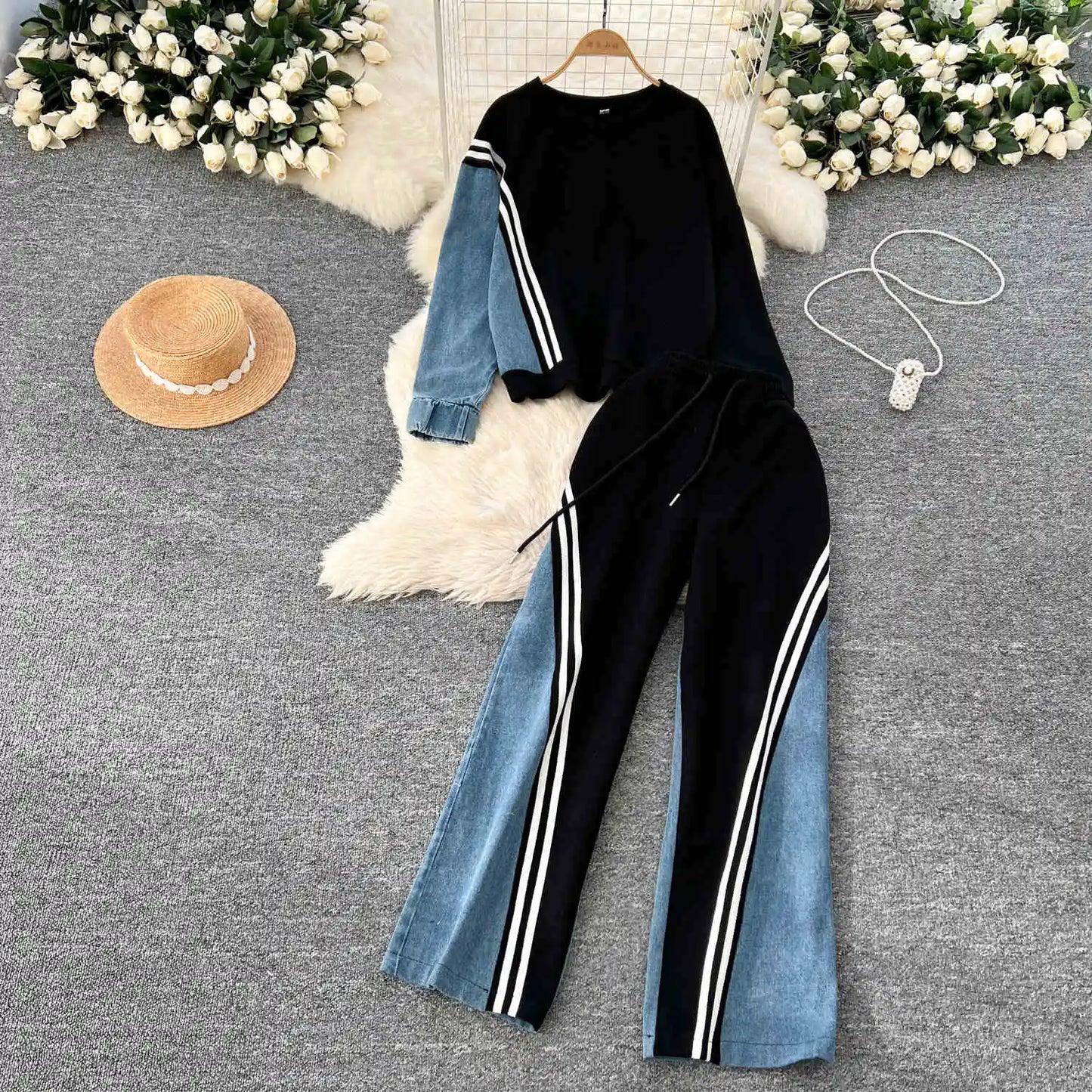 Autumn Winter New Women Sports Style Elegant Contrasting Set Pullover Top Drawstring Pants