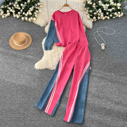 Autumn Winter New Women Sports Style Elegant Contrasting Set Pullover Top Drawstring Pants