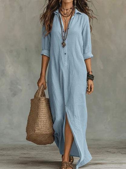 2026 European American Spring/Summer Women's Halter Neck Maxi Solid Color Collar Front Split Casual Breathable Eco-Friendly