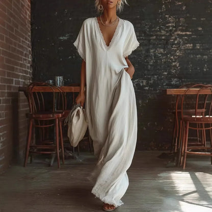Casual Maxi Dress Women Polyester V Neck Short Sleeve with Ruffle Trim Vacation Daily Wear Flowy Fast Delivery