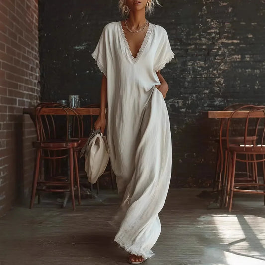 Casual Maxi Dress Women Polyester V Neck Short Sleeve with Ruffle Trim Vacation Daily Wear Flowy Fast Delivery
