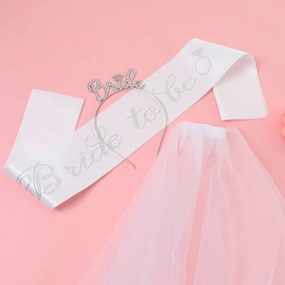 3-piece Set Bride to Be Crown Headband Shoulder Strap Wedding Veil Set for Bridal Shower WB007