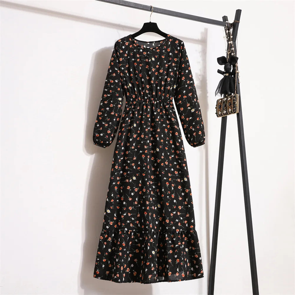 Dropshipping Trending Chiffon Dress Women's Summer Beach Travel Long Sleeve Flower Elegant Floral Girl Casual Dress