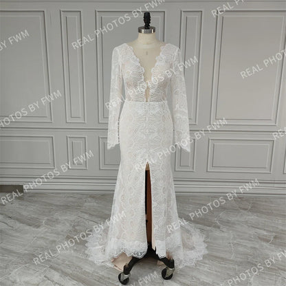 12476# Real Photo Front Slit V-neck Lace Wedding Dress Sweep Train Backless Mermaid Bride Gown for Women Bohemia