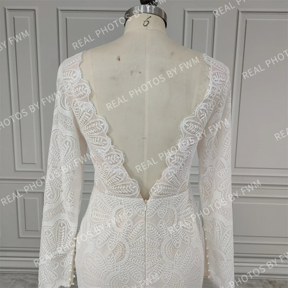 12476# Real Photo Front Slit V-neck Lace Wedding Dress Sweep Train Backless Mermaid Bride Gown for Women Bohemia