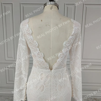 12476# Real Photo Front Slit V-neck Lace Wedding Dress Sweep Train Backless Mermaid Bride Gown for Women Bohemia