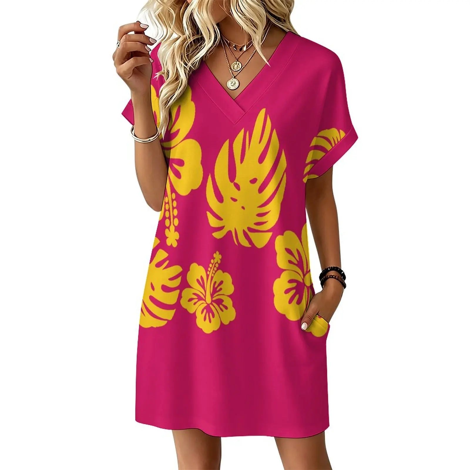 Custom-printed Hawaiian Tropical Floral Chiffon Dress Dropped Waist Relaxed Fit Flared Sleeves Sexy Sweet Lightweight for All