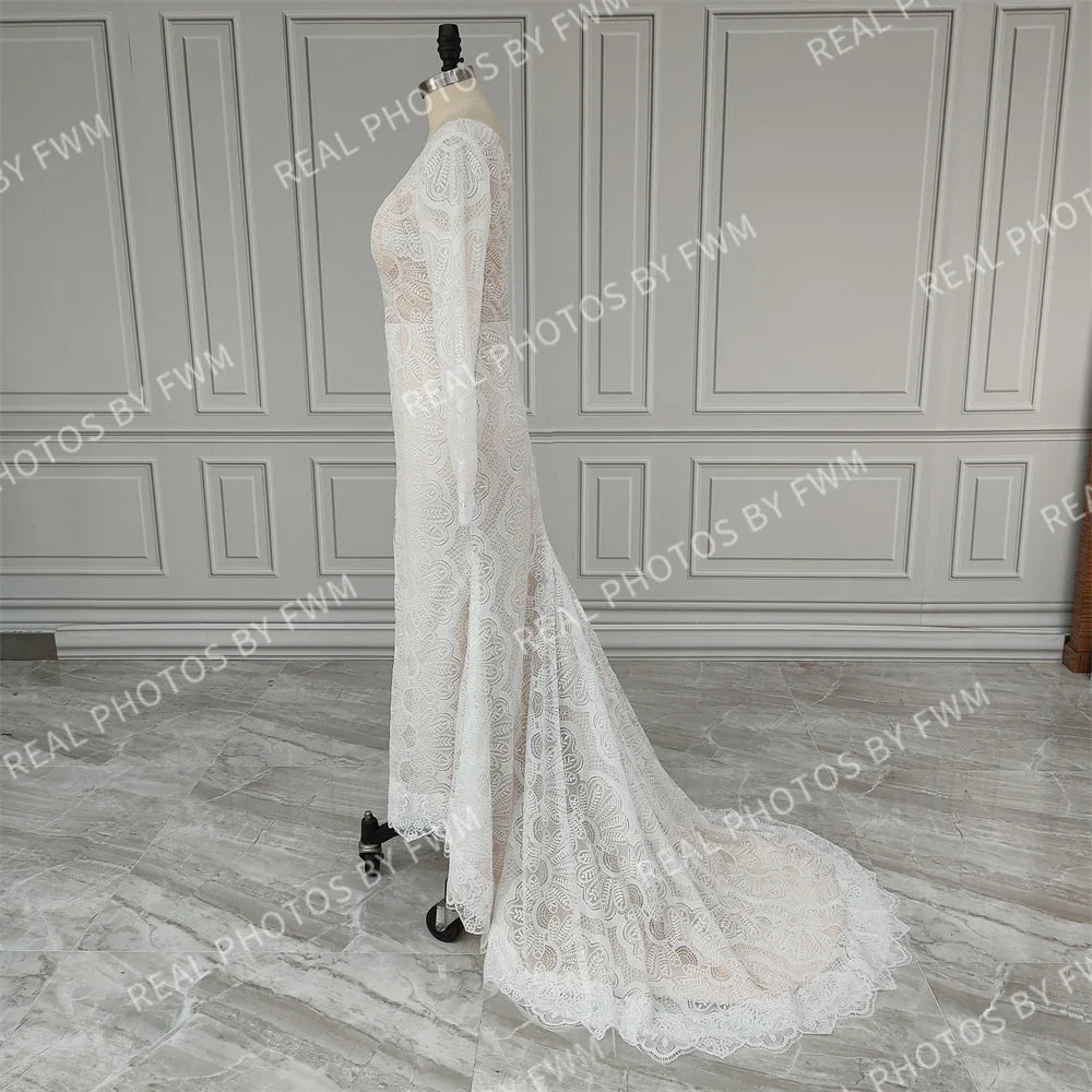 12476# Real Photo Front Slit V-neck Lace Wedding Dress Sweep Train Backless Mermaid Bride Gown for Women Bohemia