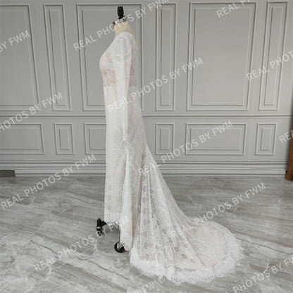 12476# Real Photo Front Slit V-neck Lace Wedding Dress Sweep Train Backless Mermaid Bride Gown for Women Bohemia