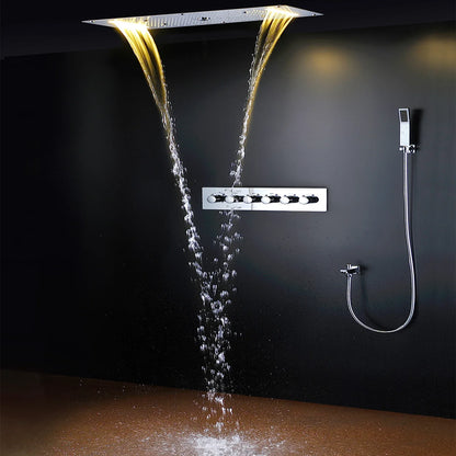 Bathroom LED Shower Set Ceiling Rainfall Waterfall Misty Shower Head Panel 380x700mm Thermostatic Mixer Diverter Faucets System