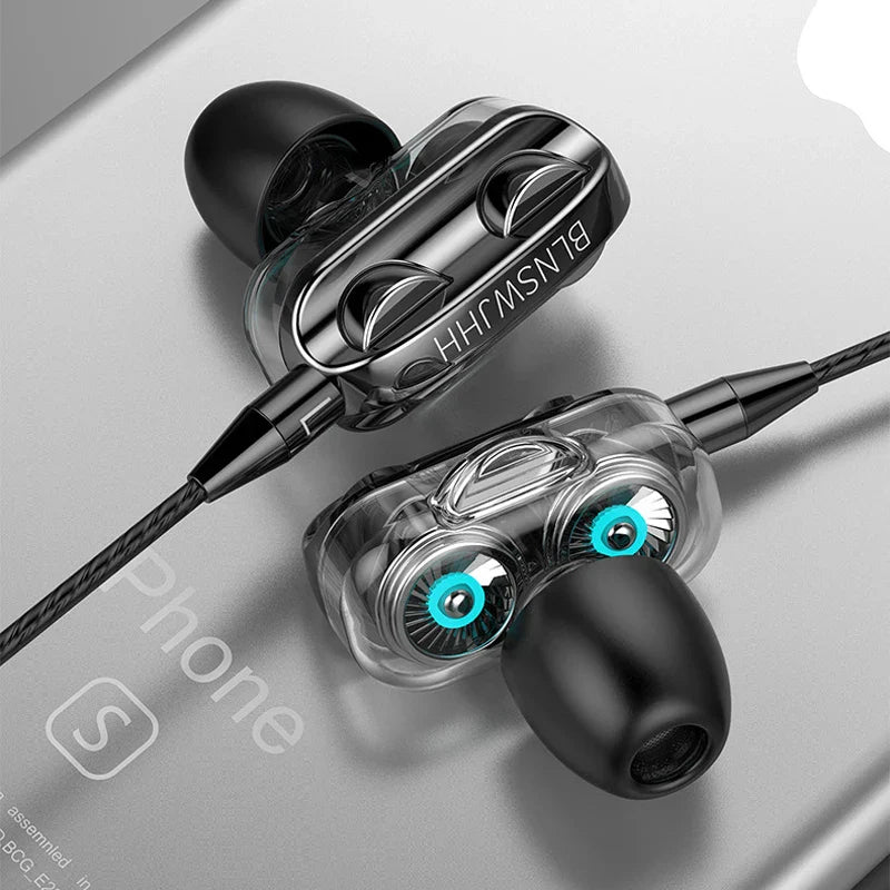 Dual Drivers Wired Earphone Four Core Dynamic HIFI Earphone Super Base Line Control With Mic Speaker Headsets for Huawei Xiaomi