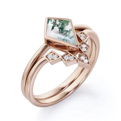 925 Sterling Silver 14K Gold Plated Moss Agate Kite Shape Wedding Ring Nature Inspired Bridal Jewelry
