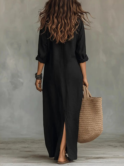 2026 European American Spring/Summer Women's Halter Neck Maxi Solid Color Collar Front Split Casual Breathable Eco-Friendly