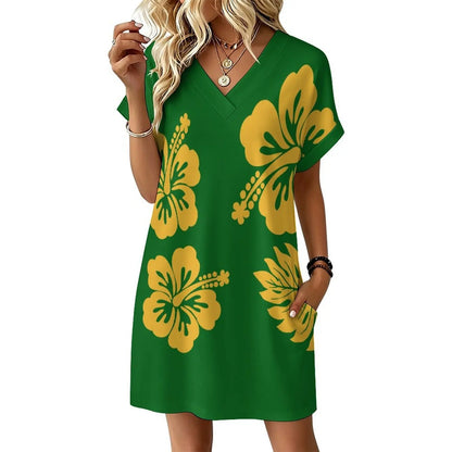 Custom-printed Hawaiian Tropical Floral Chiffon Dress Dropped Waist Relaxed Fit Flared Sleeves Sexy Sweet Lightweight for All