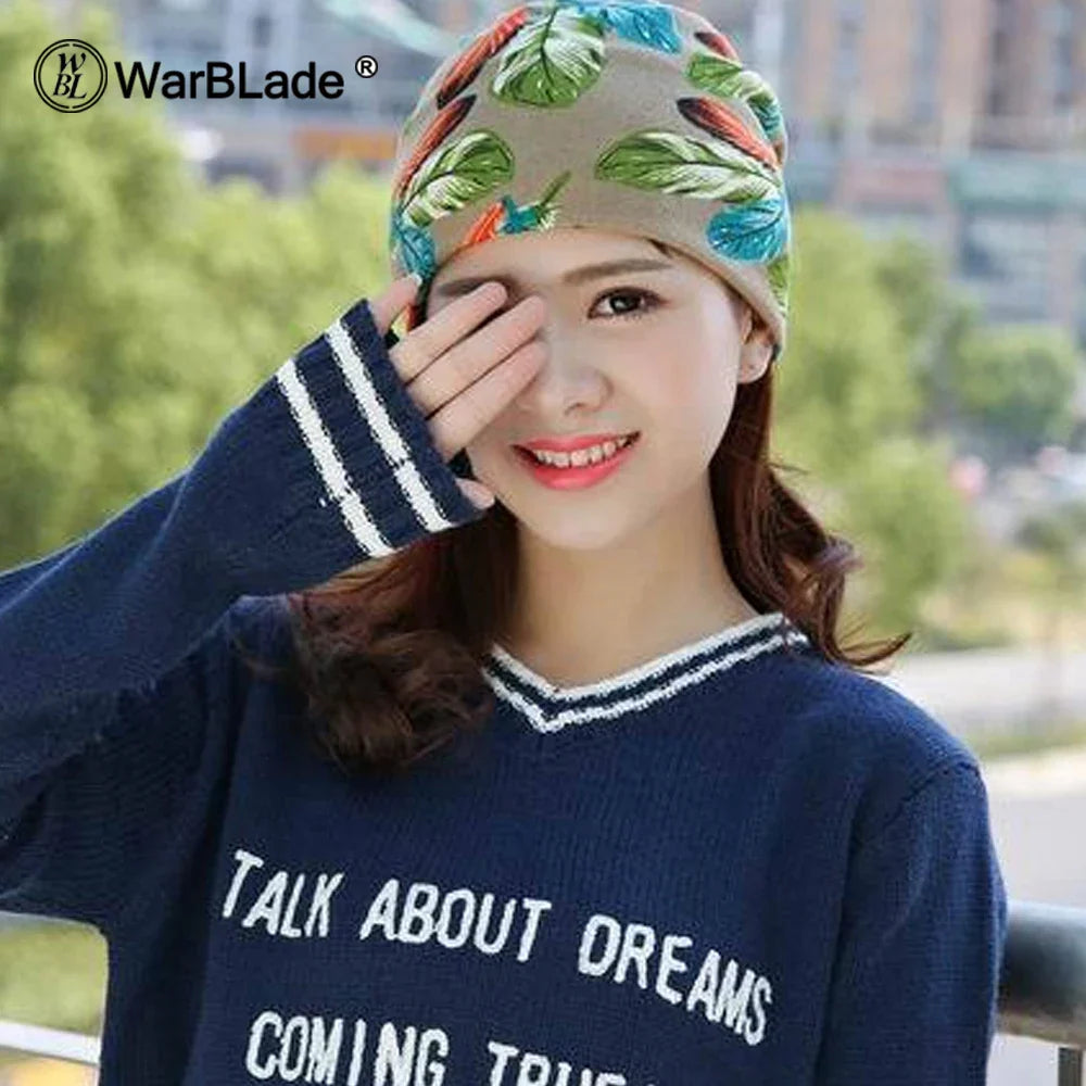 1 PC Fashion New Women Spring Autumn Causal Beanies Scarf Star Letter Pattern Female Warm Hat Caps 3 Usages Headwear