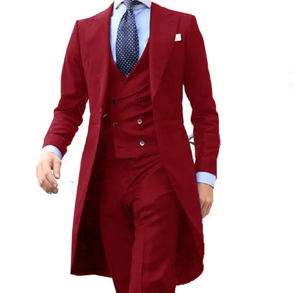 2024 New Arrival l Long Coat Designs Chinese Red Men Suit Gentle Men Tuxedo Prom Blazer Custom 3 Pieces (Jacket+vest+Pants)