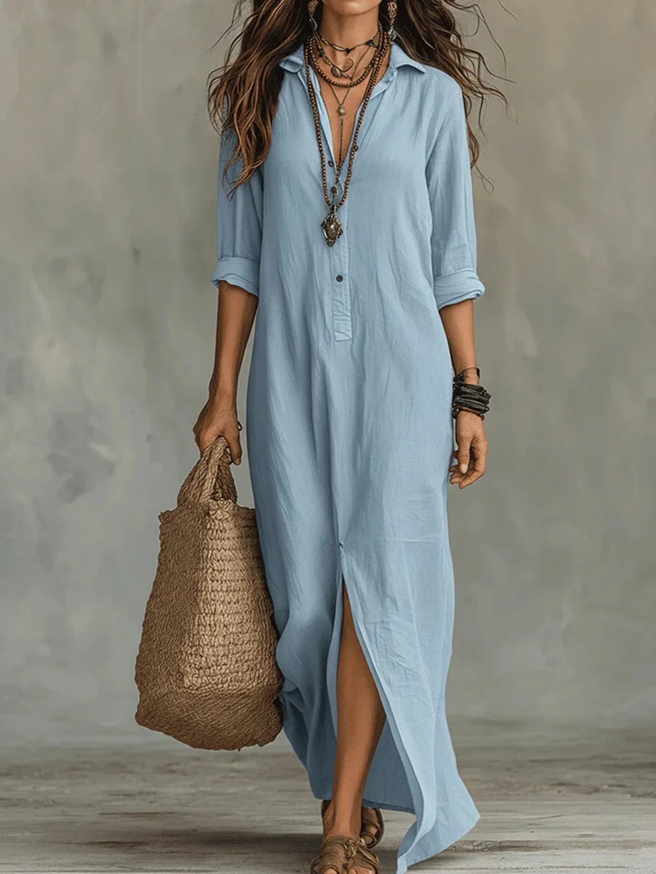 2026 European American Spring/Summer Women's Halter Neck Maxi Solid Color Collar Front Split Casual Breathable Eco-Friendly