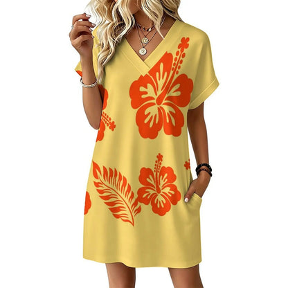 Custom-printed Hawaiian Tropical Floral Chiffon Dress Dropped Waist Relaxed Fit Flared Sleeves Sexy Sweet Lightweight for All