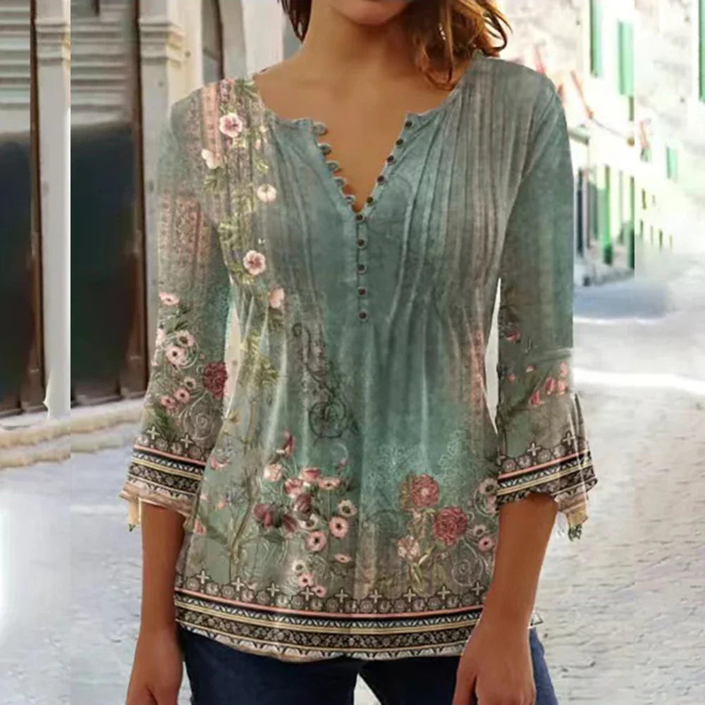 2024 Spring Summer New Fashion Women's Casual Floral Print V-Neck Elegant T-Shirt Full Sleeved Pleated Button T-shirt